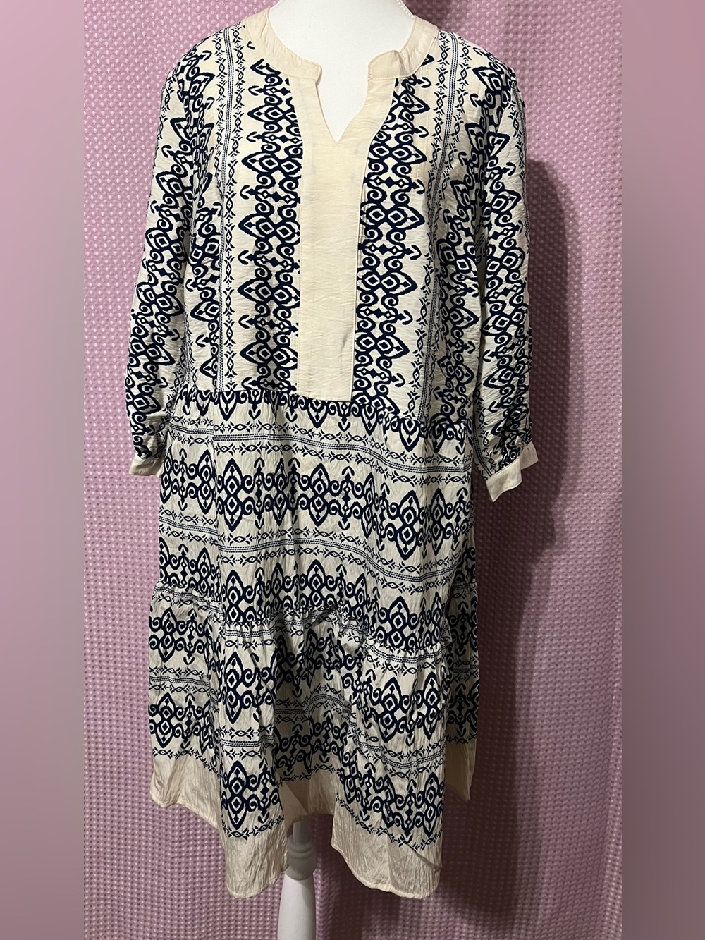 fig and flower Cream and Navy Boho Tiered V-Neck Long Sleeve Dress